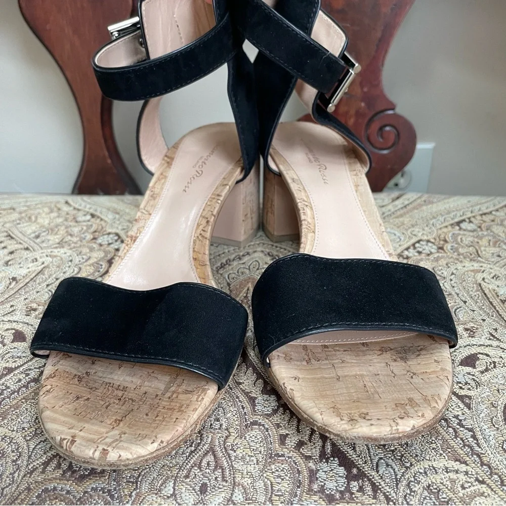 Gianvito Rossi Rikki Low Sandals Black Suede Buckle Cork Heel Size 9